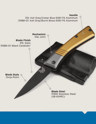 Benchmade Successor Slip Joint Knife w/Leather Sheath Drop Point M390 Stainless Steel Blade/Burnt Brass Aluminum Handle SKU 315BK-01