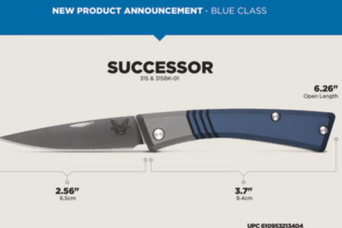 Benchmade Successor Slip Joint Knife w/Leather Sheath Drop Point M390 Stainless Steel Blade/Crater Blue Aluminum Handle SKU 315