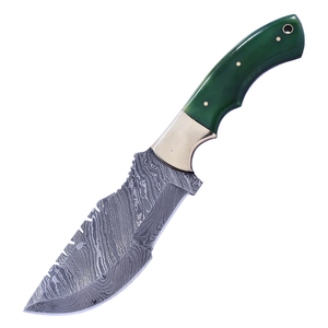 The Bone Edge 10" Tracker Hunting Knife w/Leather Sheath Damascus Blade/Green Bone Handle SKU 14442