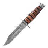The Bone Edge 11" Handmade Fixed Blade Hunting Knife w/Leather Sheath Damascus Steel Blade/Stacked Leather Handle SKU 14625