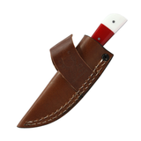 The Bone Edge 6.5" Handmade Full Tang Hunting Knife w/Leather Sheath Damascus Steel Blade/Brown, Red & White Resin Handle SKU 14525
