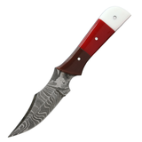 The Bone Edge 6.5" Handmade Full Tang Hunting Knife w/Leather Sheath Damascus Steel Blade/Brown, Red & White Resin Handle SKU 14525