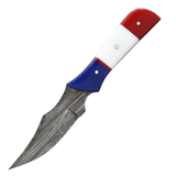 The Bone Edge 6.5" Handmade Full Tang Hunting Knife w/Leather Sheath Damascus Steel Blade/Red, White & Blue Resin Handle SKU 14533
