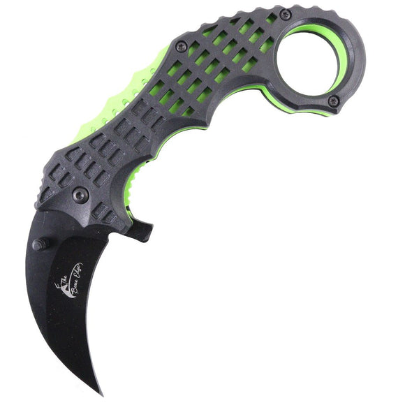 The Bone Edge Ball Bearing Spring Assist Black with Green Karambit Folding Knife SKU 13086