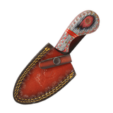 The Bone Edge 7" Handmade Skinner Knife w/Leather Sheath Damascus Steel Blade/Red & Orange Wood Handle SKU 14515