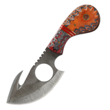 The Bone Edge 7" Handmade Skinner Knife w/Leather Sheath Damascus Steel Blade/Red & Orange Wood Handle SKU 14515