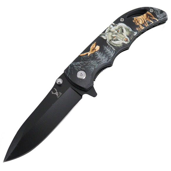 TheBoneEdge Spring Assist Knife Wolf Handle Black 3CR13 SS Blade SKU 13267