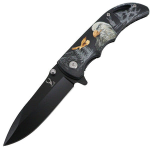 The Bone Edge Spring Assist Knife Eagle Handle Black 3CR13 SS Blade SKU 13266
