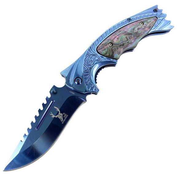The Bone Edge Spring Assist Knife Blue SS/Blue Finger Grip Handle with Faux Abalone SKU 9641