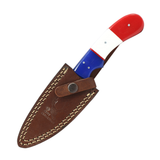 The Bone Edge 8" Handmade Full Tang Hunting Knife w/Leather Sheath Damascus Steel Blade/Red, White & Blue Resin Handle SKU 14522