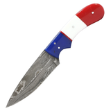 The Bone Edge 8" Handmade Full Tang Hunting Knife w/Leather Sheath Damascus Steel Blade/Red, White & Blue Resin Handle SKU 14522