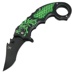 The Bone Edge Spring Assist Green Dragon Karambit Folding Knife Black 3CR13 SS SKU 13246
