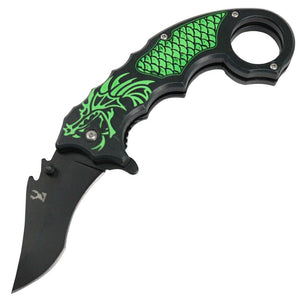 TheBoneEdge Spring Assist Green Dragon Karambit Folding Knife Black 3CR13 SS SKU 13246