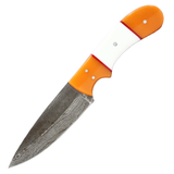 The Bone Edge 8" Handmade Full Tang Hunting Knife w/Leather Sheath Damascus Steel Blade/Orange & White Resin Handle SKU 14521