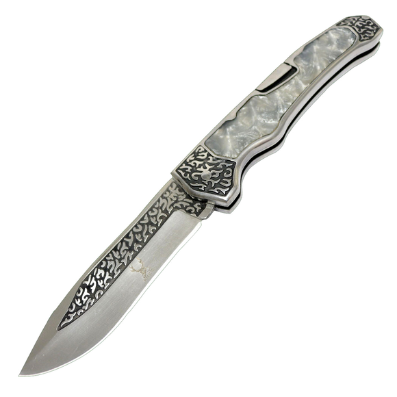 TheBoneEdge Classic Western SS Engraved Blade Pearl Handle Folding Knife SKU 13364