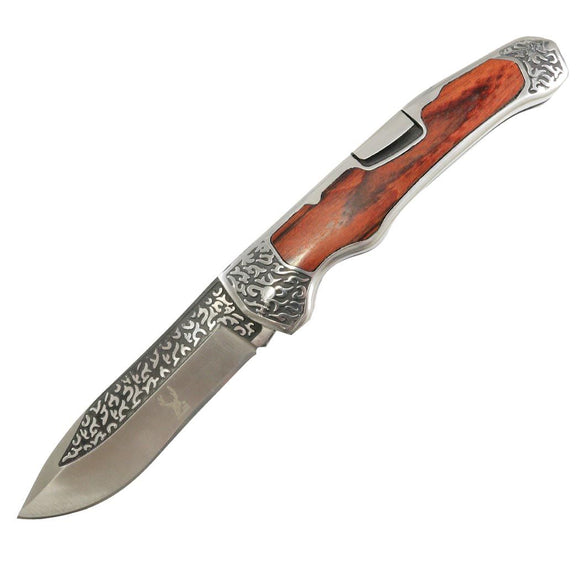 The Bone Edge Wood Handle Engraved Design Folding Knife 3CR13 Steel SKU 13106