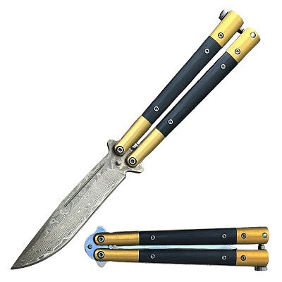 Butterfly Knife 67 Layer Damascus Steel Blade/Stainless-Steel Handle with Real Wood Scales SKU 273GBDM