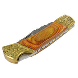The Bone Edge Handmade Folding Knife w/Leather Sheath Damascus Steel Blade/Natural Color Wood Handle with Brass Accents SKU 13614