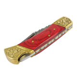 The Bone Edge Handmade Folding Knife w/Leather Sheath Damascus Steel Blade/Red Wood Handle with Brass Accents SKU 13611