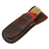 The Bone Edge Handmade Folding Knife w/Leather Sheath Damascus Steel Blade/Red Wood Handle with Brass Accents SKU 13611