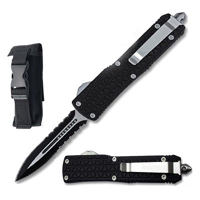 Large Side Switch OTF Knife w/Sheath Black Satin Finish Half Serr. Stainless-Steel Blade/Black Zinc Alloy Handle SKU 140LBKDS
