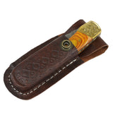 The Bone Edge Handmade Folding Knife w/Leather Sheath Damascus Steel Blade/Natural Color Wood Handle with Brass Accents SKU 13614