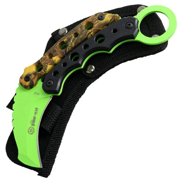 Zomb-War Tactical Combat Rescue Full Tang Fixed Blade Karambit Knife Green SS Blade/Fall Camo & Black Handle W/Sheath SKU 9732