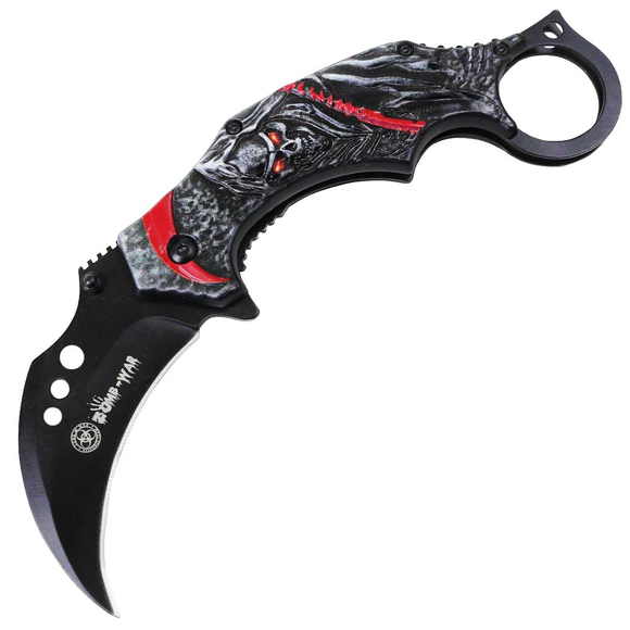 Zomb-War Spring Assist Karambit Style Knife 3CR13 SS/Black & Red Grim Reaper Handle SKU 13494