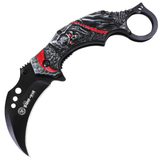 Zomb-War Spring Assist Karambit Style Knife 3CR13 SS/Black & Red Grim Reaper Handle SKU 13494