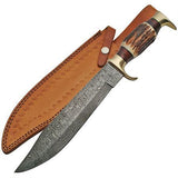 Damascus Bowie Fixed Steel Clip Point Blade Knife with Stag Bone Handle SKU DM-1164