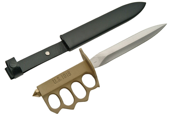 1918 WWI Knuckle Duster Trench Knife w/Leather Sheath Stainless-Steel Blade/Brass Finish Handle SKU 210704-BS
