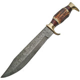 Damascus Bowie Fixed Steel Clip Point Blade Knife with Stag Bone Handle SKU DM-1164