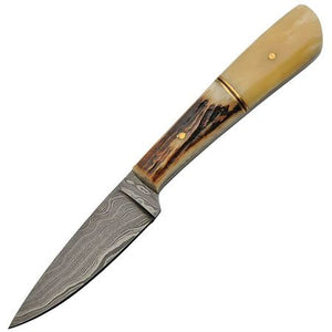 Damascus Fixed Blade Knife with White Smooth Bone and Stag Bone Handle comes with Sheath SKU DM-1174