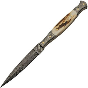 Damascus Slim Fixed Blade Knife with Stag Bone Handle comes with Sheath SKU DM-1178