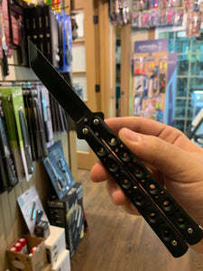 All Black Tanto Blade Butterfly Knife With Holes In Handle SKU ABK1017BK