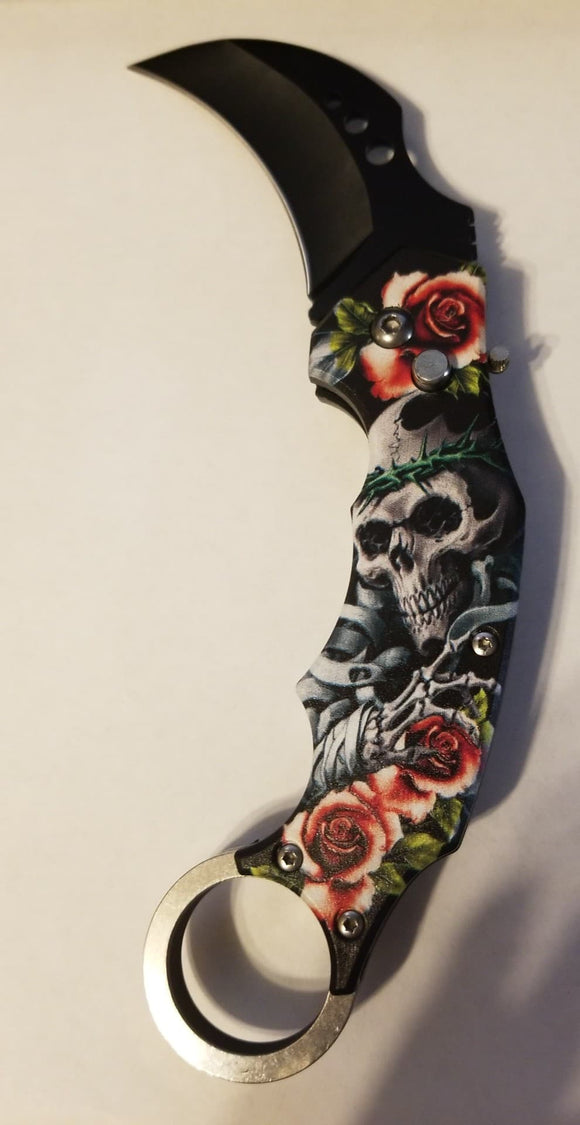 Skull With Roses Automatic Karambit Knife SKU 201RSK