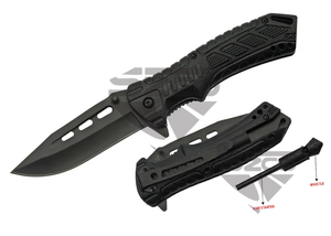 SZCO Black Streak Folding Knife w/Firestarter & Whistle Black Stainless-Steel Blade/Black ABS Handle SKU: 300524