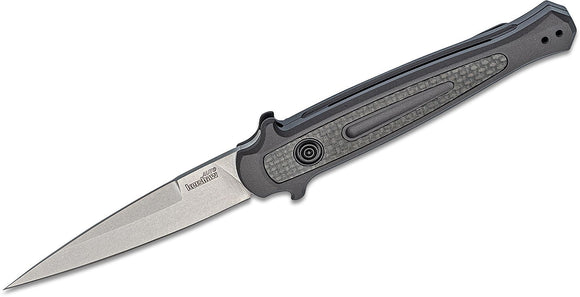 Kershaw Launch 8 Stiletto Automatic Knife Stonewash CPM-154 Stainless Blade/Gray 6061-T6 Alum. Handle with Carbon Fiber Inlay SKU 7150/KS7150