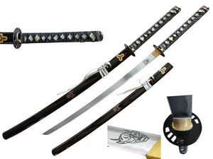 Samurai Sword Black Scabbard w/Engraving on Blade SKU T64028-1