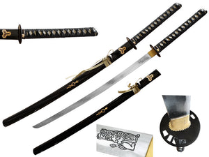 Samurai Sword Black Scabbard w/Engraving on Blade SKU T64028-2