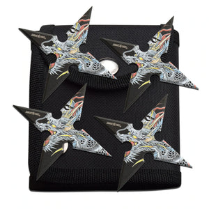 4-INCH 4 Points Dragon Design Throwing Stars with Pouch - 4 Pack SKU ETS244