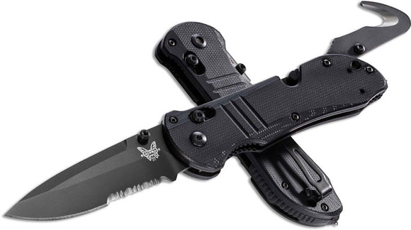 Benchmade Tactical Triage Rescue Folding Knife Black Combo Blade, Black G10 Handles, Safety Cutter, Glass Breaker  SKU 917SBK