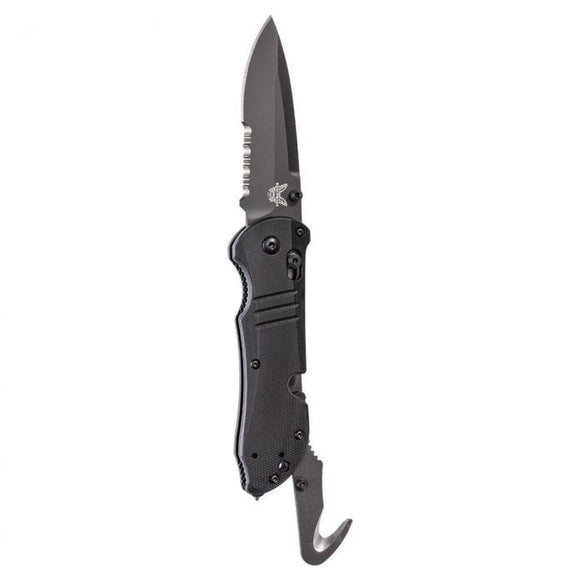 BENCHMADE Tactical Triage Rescue Folding Knife Black Combo Blade, Black G10 Handles, Safety Cutter, Glass Breaker  SKU 917SBK